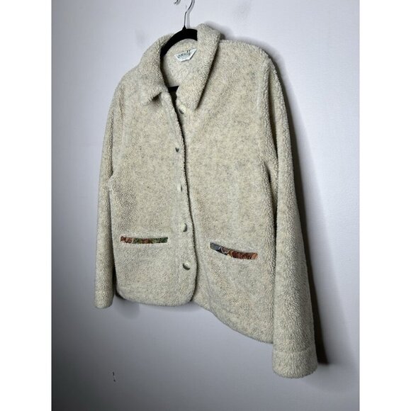 Orvis Sherpa Cardigan Womens Tapestry Floral Trim Fleece Cozy Bohemian Medium - Picture 2 of 9